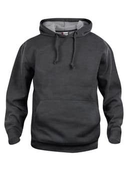 A dark grey hoodie with a front pocket and a drawstring hood. The hoodie features a logo.