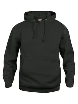 A dark green hoodie with a front pocket and adjustable drawstrings. It features a logo on the label.