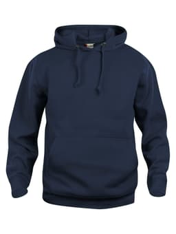 A navy blue hoodie with a front pocket and drawstring hood. It features a logo on the front.