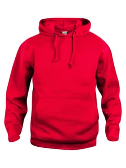 A red hoodie featuring a front pocket and a drawstring hood, with a logo on the front.