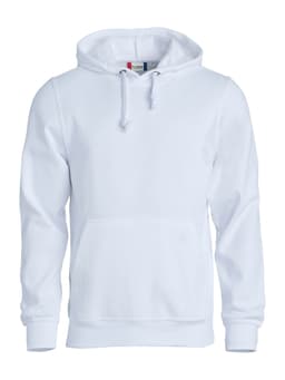A white hoodie with a front pocket, drawstring hood, and a logo on the label.