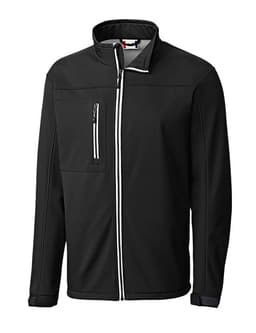 A black softshell jacket featuring a zippered front, pockets, and a collar. It has a logo on the chest.