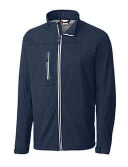 A navy softshell jacket with a full zip front, a chest pocket, and a logo. Ideal for casual wear.