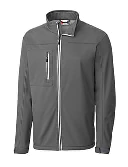 A men's softshell jacket in grey with a zippered chest pocket and a logo. Features a stand-up collar and full zip.