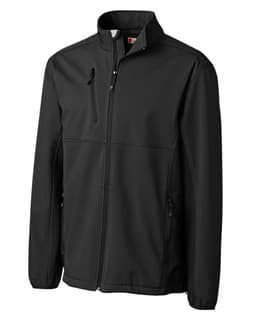 A black softshell jacket with a collar, featuring zippered pockets and a logo.