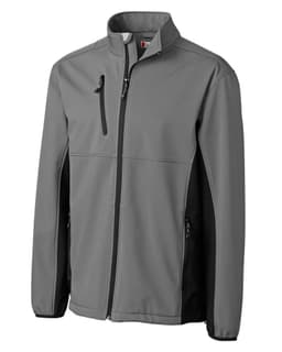 A softshell jacket in grey with black sections, featuring zip pockets and a collar. Logo visible.