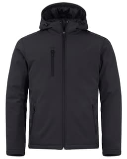 A black men's softshell jacket featuring a hood and multiple zippers, with a logo on the front.