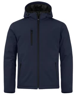 A navy blue men's softshell jacket with a hood, featuring zippered pockets and a logo.