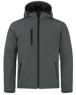 A men's softshell jacket in a muted green colour, featuring a hood and zippered pockets. It has a logo on it.