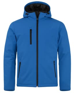 A blue men's softshell jacket featuring a hood and zippered pockets, with a logo on the front.