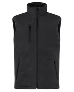 A black men's softshell vest featuring a high collar and multiple zippered pockets, with a logo on the chest.