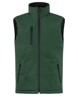A green men's softshell vest with a zip front and two side pockets, featuring a black interior.