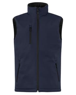 A navy blue men's softshell vest with a zippered front and two zippered side pockets. The vest has a logo.