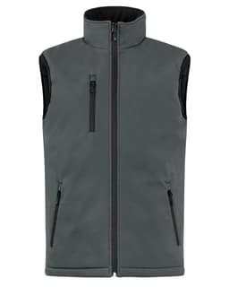 A men's softshell vest in a dark grey colour, featuring a zip front and three zippered pockets.