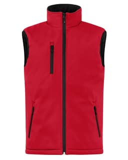 A red softshell vest featuring a high collar and multiple zip pockets. It has a logo on it.