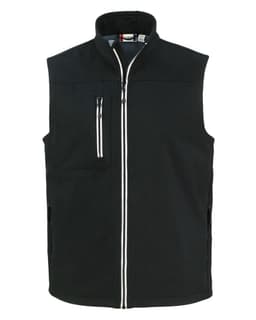 A black Men's Telemark softshell vest with a front zip and multiple pockets, featuring a branding logo.