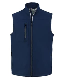 A navy Men’s Telemark Softshell Vest featuring a front zip, side pockets, and a chest pocket with a logo.