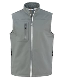 A grey men’s Telemark softshell vest featuring a zip front and a chest pocket, with a logo on the fabric.