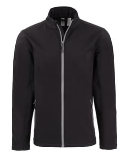 A black soft shell jacket with a zip front, side pockets, and a collar. Features a subtle logo detail.