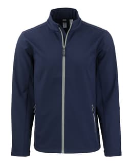 A navy soft shell jacket with a full zip, zippered pockets, and a collared neckline. It features a logo.