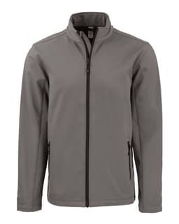 A soft shell jacket in grey with a full front zip and zipped pockets. It features a logo on the chest.