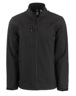 A black men's softshell jacket with a zip front, multiple pockets, and a high collar. Features a logo on the chest.