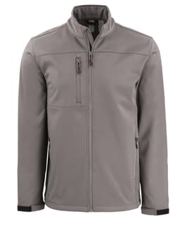 A grey softshell jacket with a full zip, featuring multiple pockets and a logo on the front.