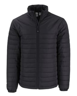 A black men's eco puffer jacket with a zipped front and a high collar, featuring a logo on the chest.