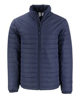 A dark navy puffer jacket with a zip front, featuring a simple design and a collar. It includes a logo.