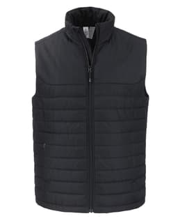 A black puffer vest featuring a zip front and a high collar, with a logo on the chest area.