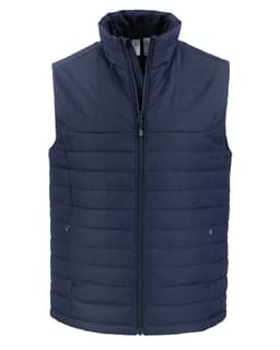 Navy blue men's puffer vest with a zip front, featuring a sleek, quilted design and a stand-up collar.