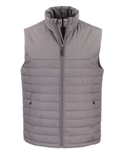A grey men’s eco puffer vest with a zipped front and high collar, featuring a logo on the chest.