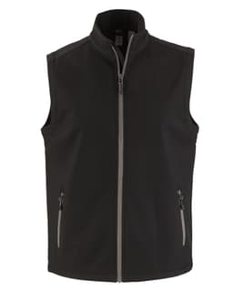 A black eco stretch vest with a stand-up collar and two zippered pockets, featuring a logo on the chest.