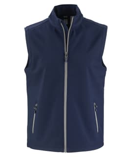 A navy blue men's vest with a zip front and two side pockets. It features a logo on the front.