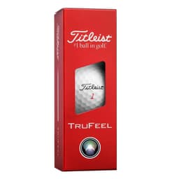 A red box containing three Titleist TruFeel golf balls, featuring a visible branded golf ball inside.