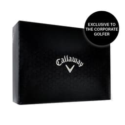 A black box with a logo, containing Callaway Warbird golf balls. Box features a hexagonal pattern.