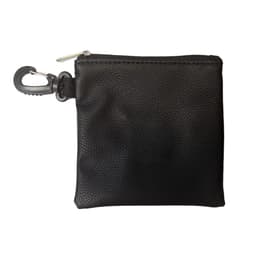 A black leather drawstring pouch with a clip, featuring a textured surface and a zip closure.