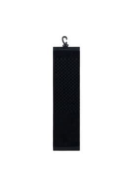 A black luxury tri-fold towel with a hook for hanging, featuring a textured pattern.