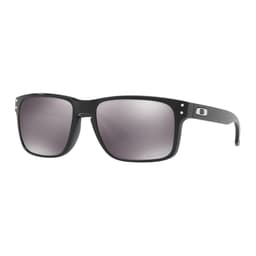 A pair of polished black sunglasses with Prizm black lenses, featuring a logo on the side.