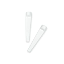 Two white golf tees with a wedge design, featuring a smooth finish and a rounded top.