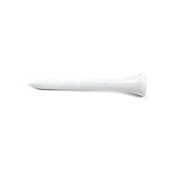 A white wooden golf tee measuring 70mm, featuring a round base and a tapered top. It has a logo on the side.