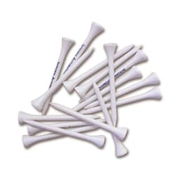 A collection of white wooden golf tees, each measuring 70mm, arranged neatly in a pile.