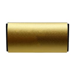 A gold cylindrical car air freshener with black accents and a logo.