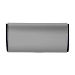 A silver car air freshener with a sleek design. It has a black accent and features a logo.
