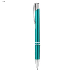 A teal metal pen with silver accents and a clip, featuring a sleek design and a shiny finish.