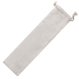 A light grey fabric pouch with drawstring closures at both ends. It features a simple design and has a soft texture.