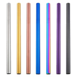 A set of stainless steel drinking straws in silver, gold, rose gold, blue, rainbow, purple, and black, displayed in a row.