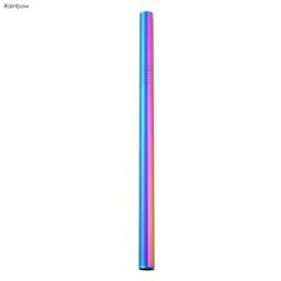 A stainless steel straw in a rainbow finish, measuring 12mm x 215mm, with a simple design and a logo.