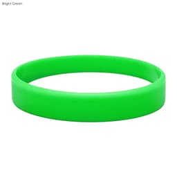 A bright green silicone wristband with a smooth, embossed finish. It features a logo.