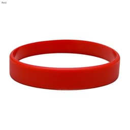 A red silicone wristband with a smooth texture and a logo. Ideal for events and exhibitions.
